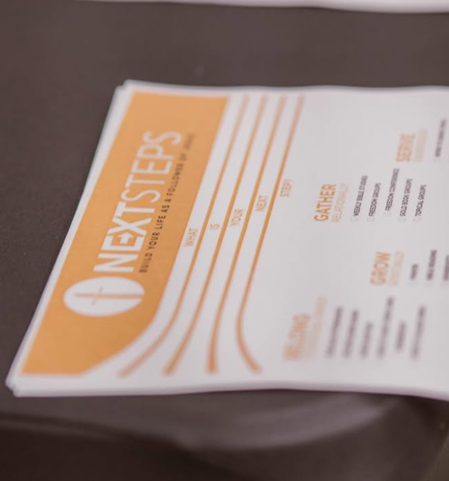 A Next Steps card listing ways to grow, belong, and serve